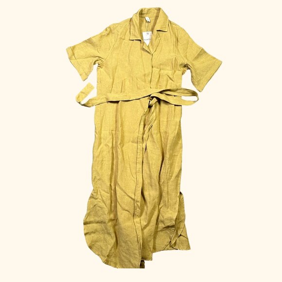 Grae Cove NWT Gwyneth Linen Natural Yellow Midi Wrap Belted Dress Women's Large - Picture 3 of 6